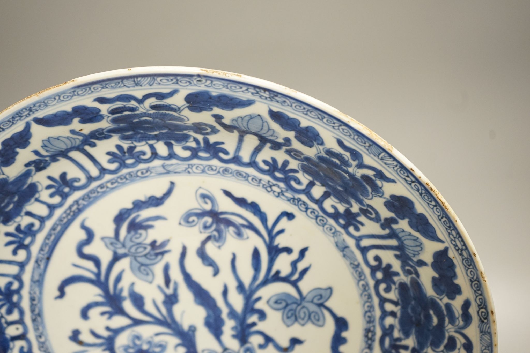 A Chinese blue and white ‘lotus’ dish, Kangxi period, 35cm